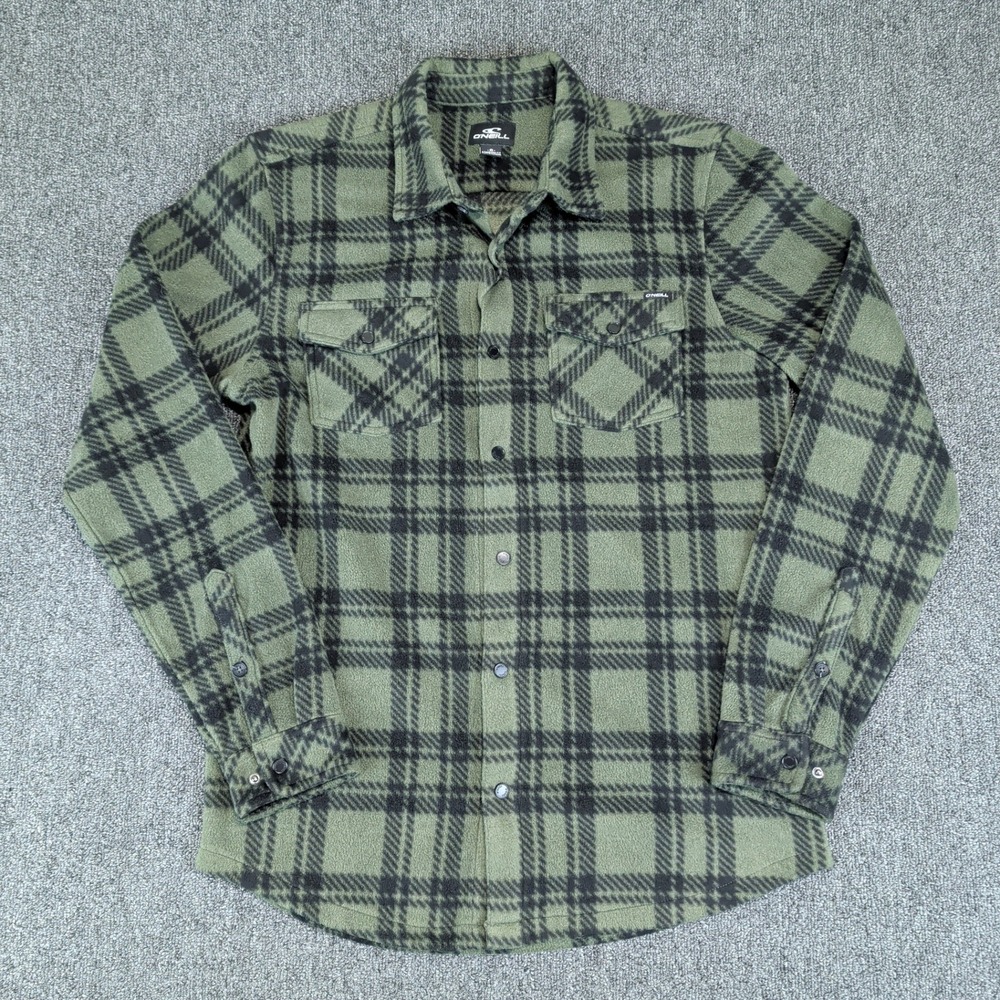 O'Neill Gorpcore Plaid Fleece Shirt Jacket Mens Small Green Snap Front Shacket